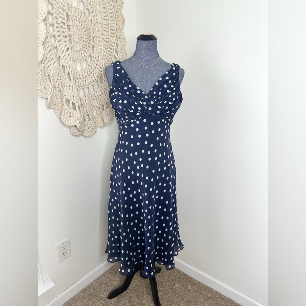 Adrianna Papell Vintage Blue Polka Dot Silk Ruched Midi Sundress Size 10/12